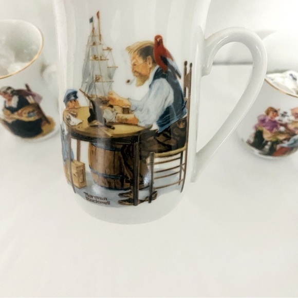 VINTAGE SET Of 5 Norman Rockwell Museum Coffee Mugs Cups White Gold Trim JAPAN - Picture 5 of 15
